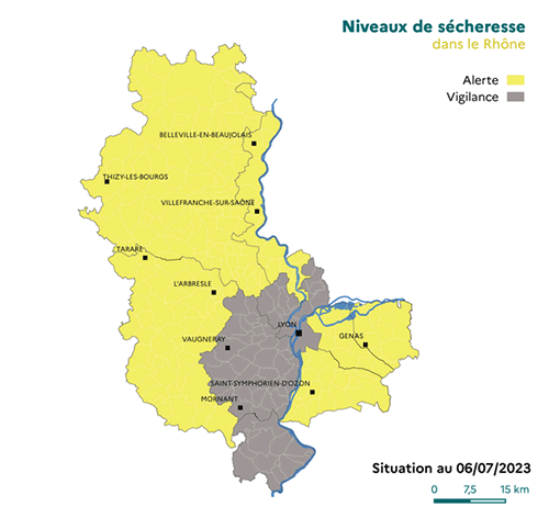 Carte des niveaux de sécheresse dans le Rhône. Lyon et une grande partie de la Métropole sont en vigilance. Tout le reste du département en alerte