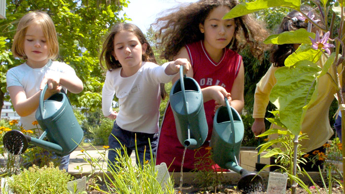 enfants en train de jardiner au potager partagé
